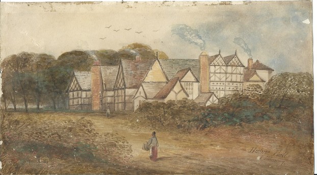 a very old painting of the original Hulme Hall