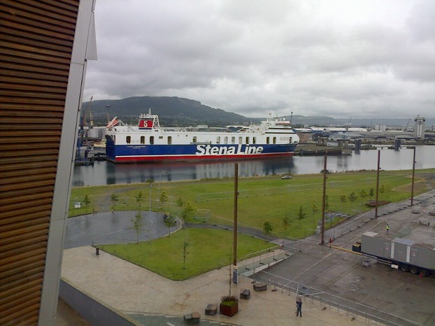 Liners, docklands and mountains. A view from inside Titanic Belfast.