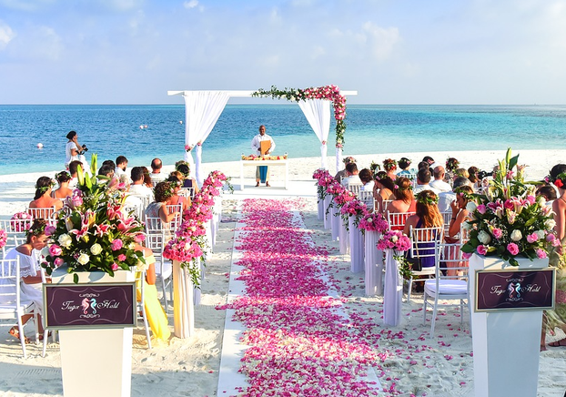 Ocean backdrop at a beach wedding ceremony