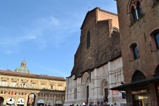 The Piazza Maggiore in the heart of historic Bologna. The Basilica di San Petronio is notable for its unfinished facade.