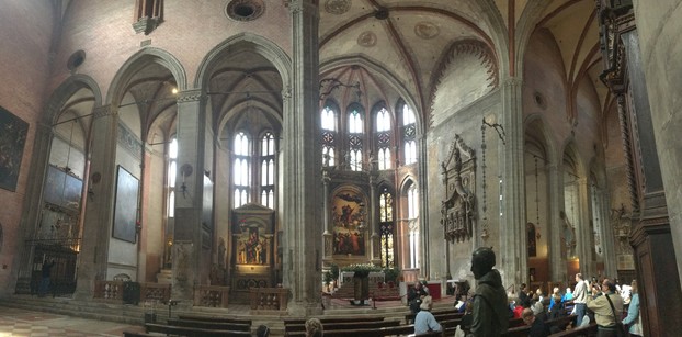 Panoramic view inside the Basilica di Santa Maria Gloriosa dei Frari