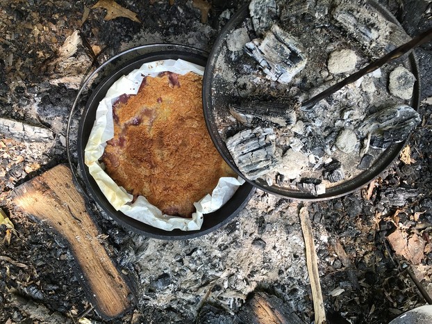 The baking pan can be part of the mystique; campfire cherry dump cake