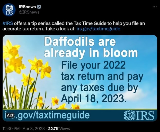 April, the northern hemisphere's second spring month, connotes Tax Day's month for U.S. individual income taxpayers.