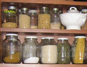 Shelves stocked with pantry staples