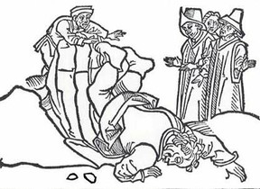 Aesop's death, woodcut from 15th century