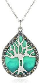 Sterling Silver, Marcasite, and Blue Epoxy Tree of Life Pendant Necklace, 18"