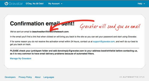 Gravatar advises you an email has been sent