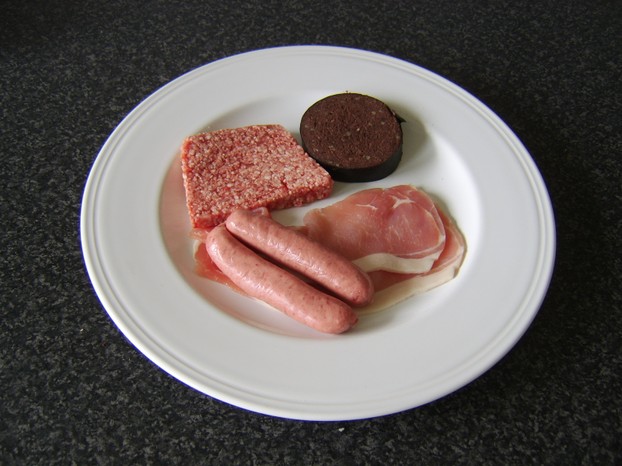 Lorne sausage, link sausages, black pudding and bacon