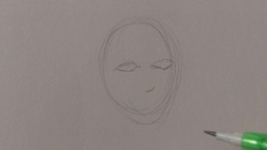 Draw an oval with eyes and mark the nose placement.