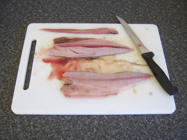 Bones are removed from the first mackerel fillet