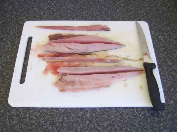 Bones are removed from the second mackerel fillet
