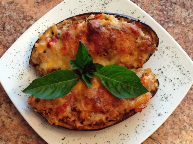 Baked Eggplant Boats Stuffed with Basmati Rice, Veggies and Four Cheeses (Mozzarella, Monterey Jack, Cheddar, Parmesan)