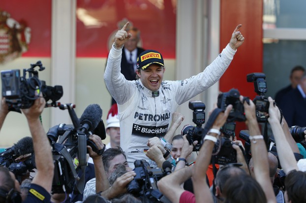 Nico Rosberg celebrates victory in Monaco