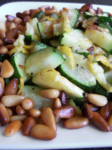 lemon zesty zucchini with garlic and toasted pine nuts:  lemon zest as flavorful counterpoint to garlic