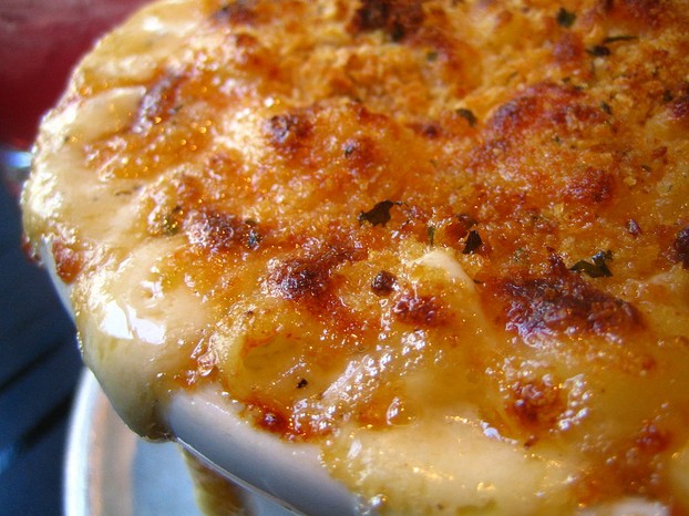 closeup of crusty macaroni and cheese