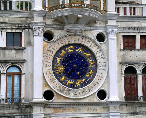 "The clockface on the Torre dell'Orologio (clocktower) in the Piazza San Marco, Venice"