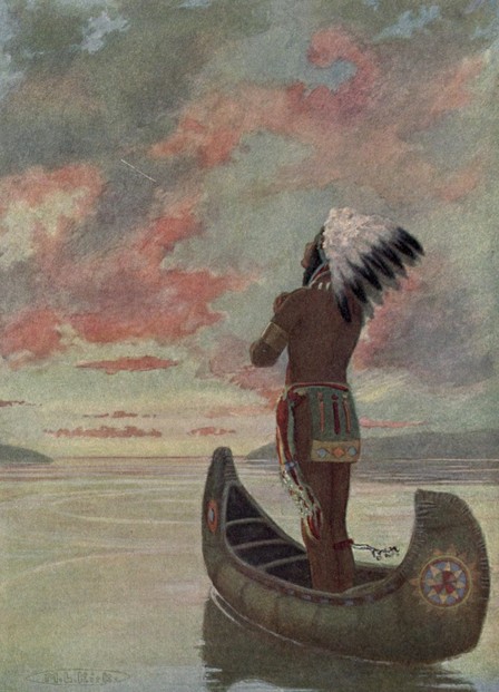 "Westward, westward, Hiawatha sailed into the fiery sunset"; The Story of Hiawatha (1910), opp. p. 310