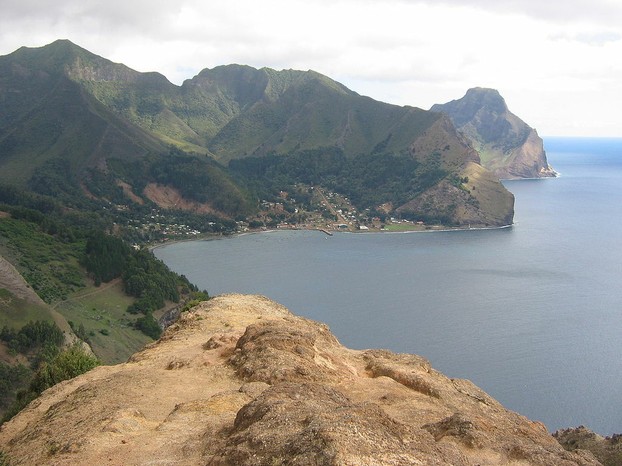 Cumberland Bay: "View of Robinson Crusoe Island - coast and mountains, in the Archipelago Juan Fernandez, Chile"