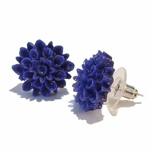 Resin Chrysanthemum Flower Stud Earrings - Navy Blue