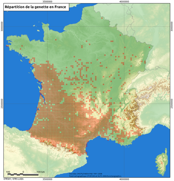distribution of Genetta genetta in France