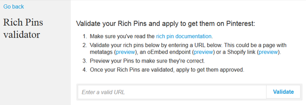 Image: Pinterest Rich Pin Validator Webpage