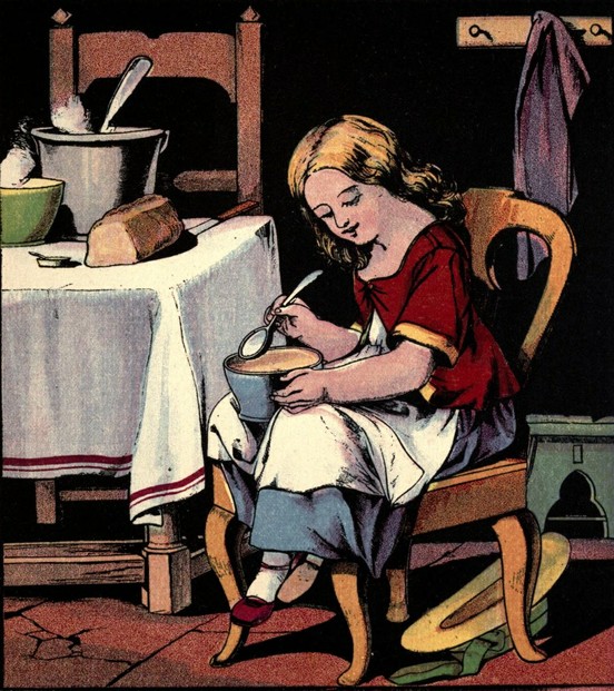 The Story of the Three Bears (1880), between pp. 2 - 3: "Goldenhair eats up Tiny-Cub's porridge."