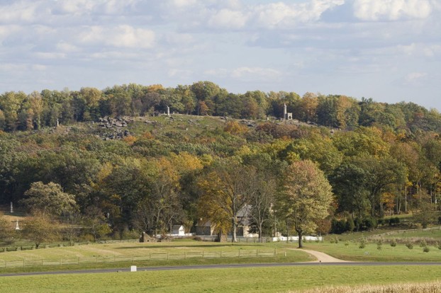 view from west: Little Round Top with George Rose Farm and Rose Woods in foreground