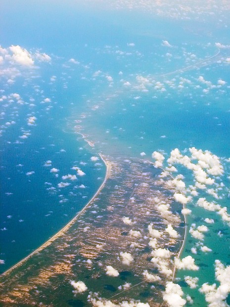 Adam's Bridge, as seen from the air, looking west over Sri Lanka