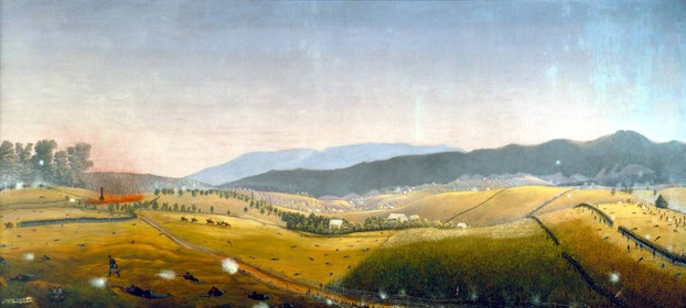 eastward view toward William Roulette Farm, with burning Samuel Mumma Farm (left)