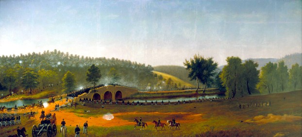 westward view across Burnside Bridge (then known as Rohrbach or Lower Bridge), built in 1836, and Antietam Creek