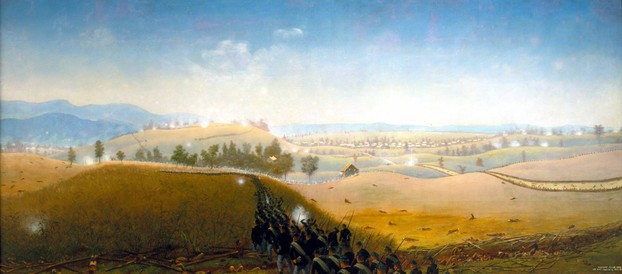 southward view toward Sharpsburg with 7th Maine Infantry's futile, gallant, attack over Sunken Road through Henry Piper Cornfield