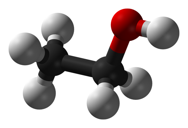 3D of ethanol's chemical formula (C2H6O); two carbon atoms, six hydrogen atoms, one oxygen atom for one molecule of ethanol