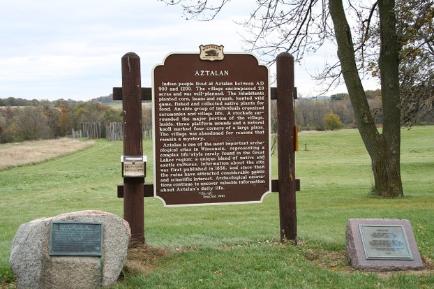 marker (lower left), "Aztalan Mound Park," by The Wisconsin Archaeological Society, 1927