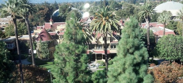 westward view, obtained Nov. 3, 2012, from Winchester Mystery House's eastern neighbor, on boulevard's east, even-numbered side