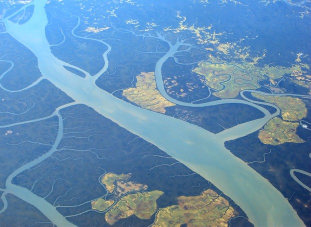 bird's eye view of Irrawaddy (Ayeyarwady), Myanmar's defining, iconic river