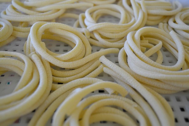 Notice the rough surface of these bucatini noodles - this is a trademark of brass die extrusion.