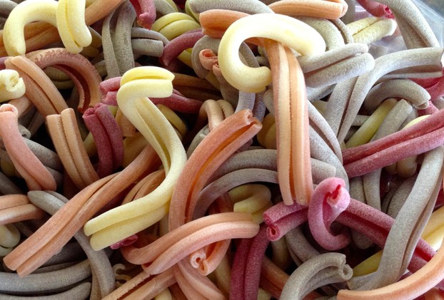 A mixture of red wine, beet, tomato and plain semolina pasta. The colorful mix would be great for a gift!