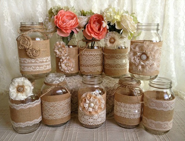 Burlap and lace mason jar wedding favors