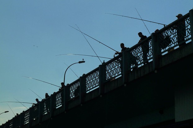 Galata Bridge (Turkish:  Galata Köprüsü) spans the Golden Horn of the Bosporus at Istanbul, northwestern Turkey