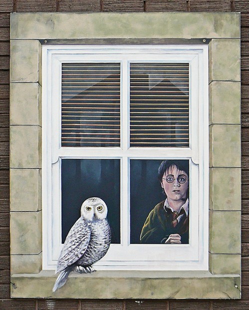 Harry Potter and Hedwig; trompe l'oeil window in High Street, Knaresborough, North Yorkshire, North West England