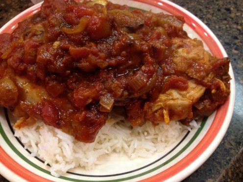 Chicken Dopiaza, or "Two Onion" Chicken served over rice.