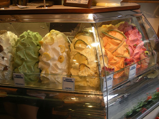 Colorful fruit gelato in a shop in Florence, Italy