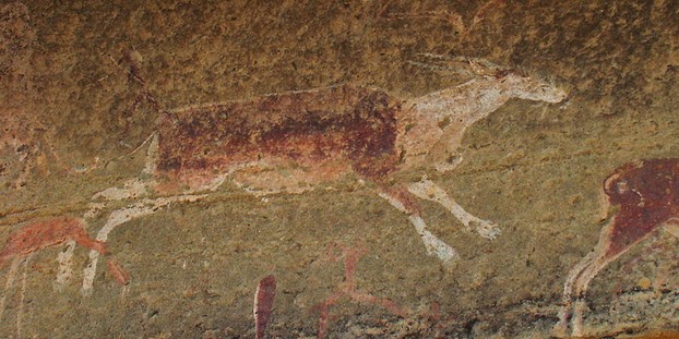 San/Bushman Rock art, Ukalamba Drakensberge, South Africa. It shows an Eland