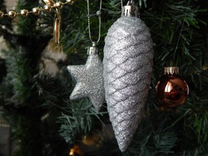 Silver Ornaments on a Christmas Tree