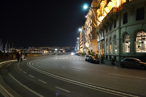 Along the Bay of Naples at nighttime.