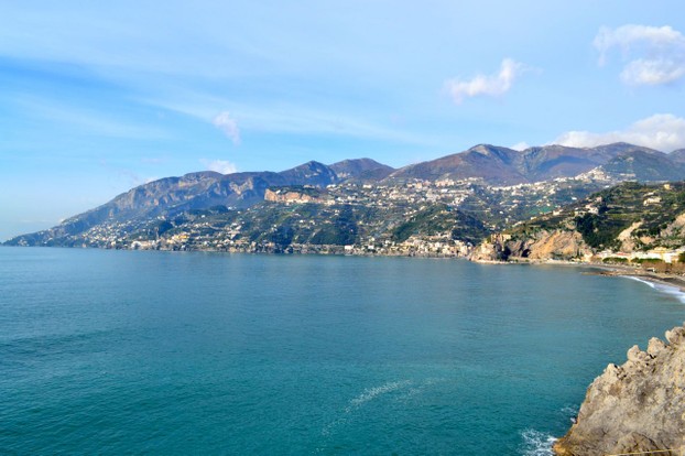 A view along the Amalfi Coast drive, looking toward the city of Amalfi.