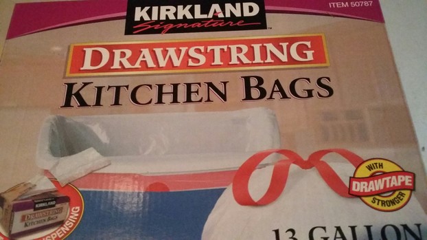 Review:  Basics Tall Kitchen Drawstring Trash Bags, 13 Gallon, 120  Count VS Costco Kirkland 