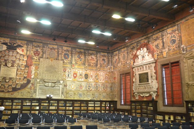 Inside one of the impressive halls of the Palazzo Archiginnaso.