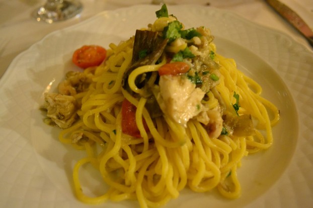 Pasta with Artichokes and Sea Bass at a Roman restaurant