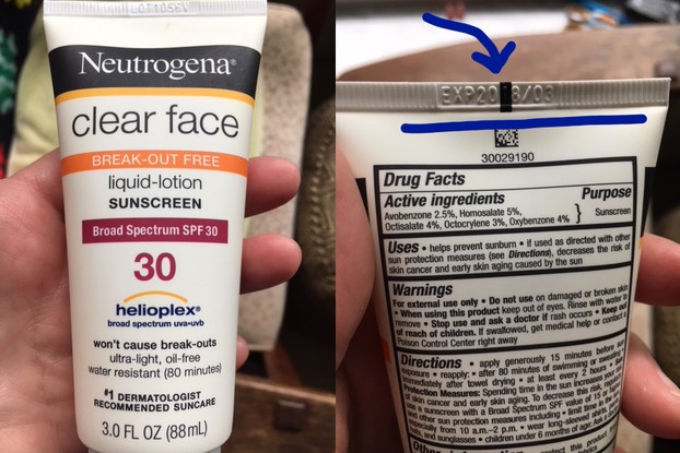 My sunscreen, showing the location of the Exp. date